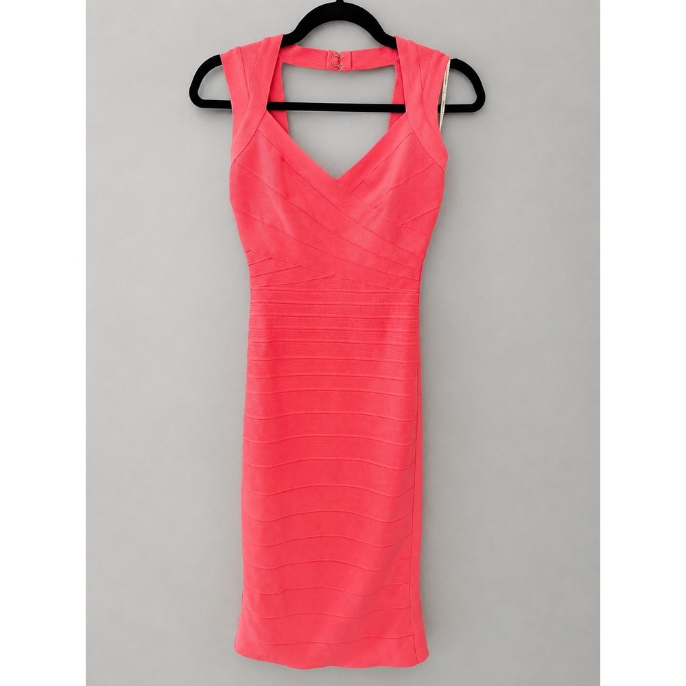 Herve Leger Coral Pink Bandage V-Neck Cutout Back Bodycon Mini Dress Small